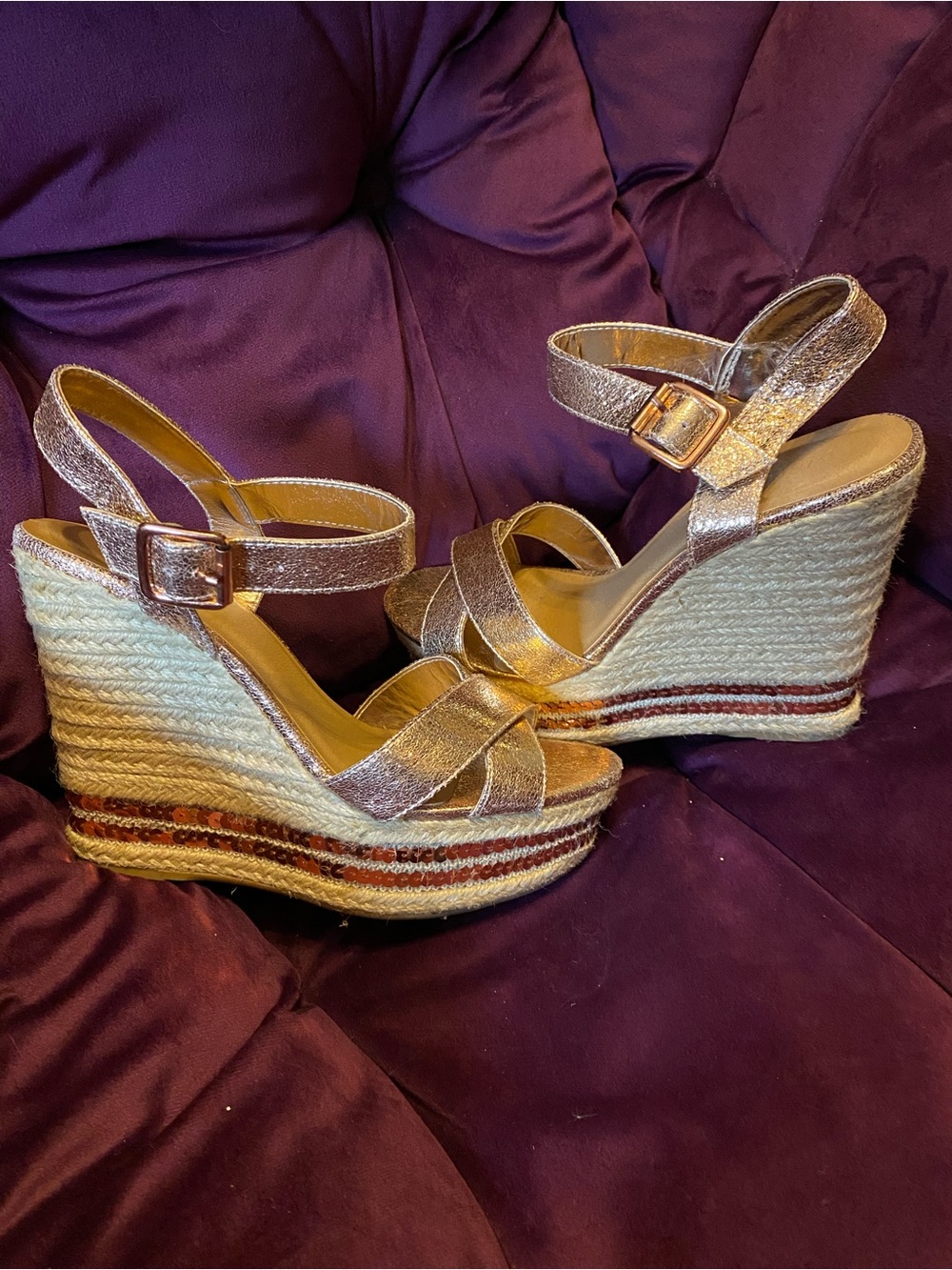 Metallic Rose Gold Espadrille Wedge Sandals